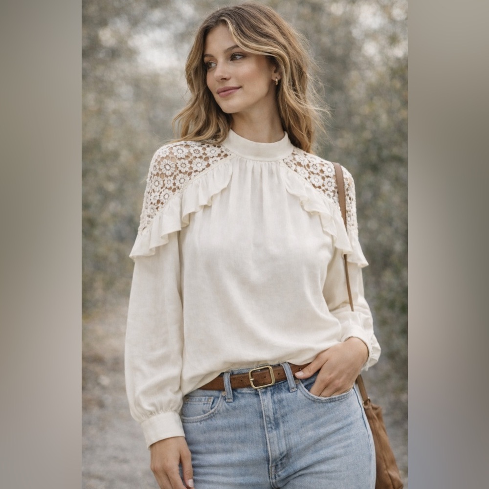 Free People Ivory Lace Yoke Blouse Boho Ruffle Peasant Top M